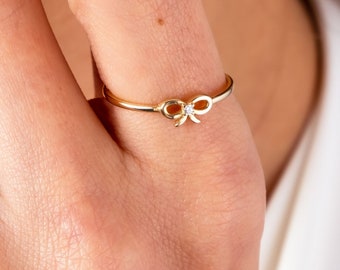 14K Gold Ribbon Ring, Bow Tie Band Ring, Dainty Love Knot Ring, Minimal Promise Ring, Index Finger Ring, Gold Infinity Bow Knot Ring