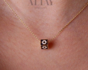14K Gold Dice Necklace, 3D Dice Evil Eye Pendant, Gold Cube Evil Eye Charm, Gold Enamel Choker, Dainty Protection Symbol, Gift For Her