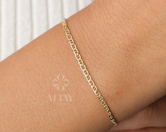 14K Gold Mariner Chain Bracelet, 2mm Anchor Link Bracelet, Flat Mariner Link, Minimalist Stacking Gold Bracelet for Women