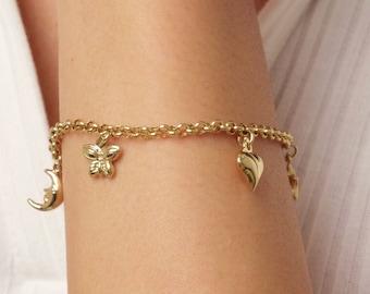 14K Gold 3mm Rolo Chain, Gold Heart Charm Bracelet, Love Bracelet, 3D Bee Moon Heart Clover Charm Jewelry, Link Heart Bracelet, Gift for Her