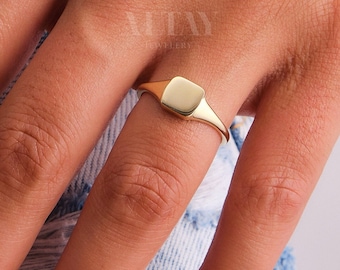 14K Gold Square Signet Ring, Personalized Signet Ring, Engraved Custom Signet Band, Handmade Signet Letter Ring, Monogram Ring, Pinky Ring