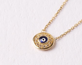 14K Gold Evil Eye Necklace, Gold Evil Eye Pendant, Evil Eye CZ Diamond Charm, Kabbalah Necklace, Good Luck Protection Symbol, Gift For Her