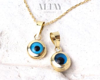 14K Solid Gold Evil Eye Necklace, Minimal Evil Eye Pendant, Nazar Protection Charm Necklace, Everyday Gold Jewelry Gift