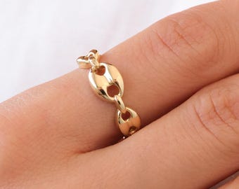 14K Gold Chain Ring, Mariner Link Ring, Thick Chain Puff Ring, Bold Chain Ring, Mariner Gold Stacking Ring, Layering Minimalist Chain Link