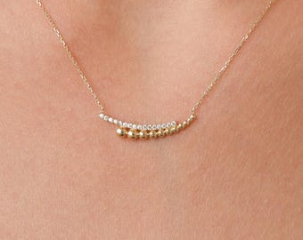 14K Gold Beaded Bar Necklace with CZ, Dainty Curved Bar Necklace, Minimal Gold Necklace, Everyday Sparkle Necklace for Her