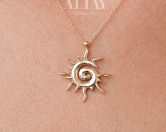 14K Gold Sun Necklace, Sunburst Celestial Pendant, Sun Charm Choker, Swirl Sun Medallion, Gold Layering Chain, Gold Solar Necklace, Gift