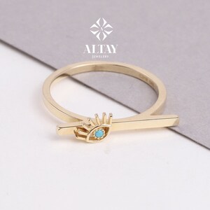 14K Gold Evil Eye Bar Ring, Signet Bar Ring, Personalized Name Ring, Rectangle Pointer Finger Ring, Statement Band Ring, Slim Signet Ring