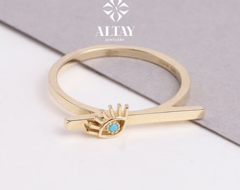 14K Gold Evil Eye Bar Ring, Signet Bar Ring, Personalized Name Ring, Rectangle Pointer Finger Ring, Statement Band Ring, Slim Signet Ring