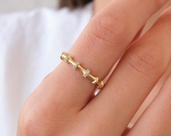 14K Gold Bamboo Ring with CZ Stones, Dainty Textured Gold Ring, Minimal Stacking Ring, Thin Everyday Gold Ring for Her