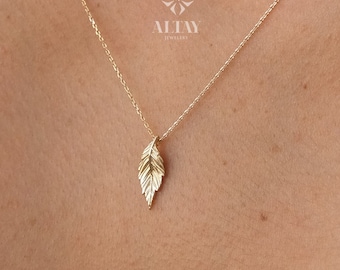 14K Gold Feather Necklace, Feather Charm Pendant, Dainty Layering Necklace, Minimal Feather Charm Choker, Leaf Necklace, Good Luck Necklace