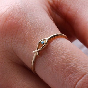 14K Gold Fish Ring, Ichthus Fish Minimal Ring, Turquoise Dainty Gold Stacking Ring, Horoscope Marine Jewelry, Good Luck, Gift for Her