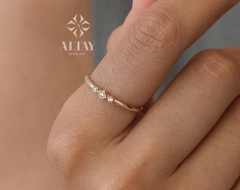 14K Gold 3 Stone CZ Diamond Wedding Ring, Plain Band, Promise Anniversary Ring, Bridal Ring, Three Stone Stacking Ring, Dainty Wedding Ring
