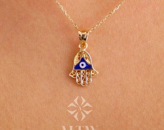 14K Gold Hamsa Pendant Necklace, Hand of Fatima Charm, Evil Eye Necklace, Religious Jewelry, Good Luck Protection Symbol, Gift For Her