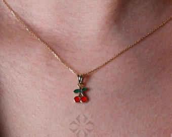 14K Gold Cherry Necklace, Dainty Cherries Pendant, Layering Chain Charm, Tiny Fruit Choker, Everyday Gold Jewelry, Birthday Gift for Her