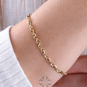 14K Solid Gold Mariner Link Chain Bracelet, 14K Gold Chain Bracelet, Puffed Chain, Yellow Gold Puff Mariner Anklet, Designer, Dainty Gift