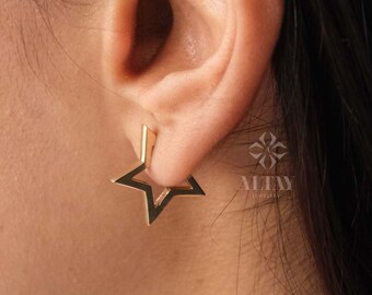14K Gold Star Hoop Earrings, Open Star Huggie Earrings, Mini Starburst Earring, Stacking Gold Earrings, Minimalist Modern Hoop Gold Earrings