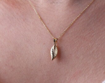14K Gold Leaf Necklace, Chance Feather Pendant, Palm Charm, Dainty Leaf Choker, Layering Jewelry, Tiny Wedding Bridesmaid Gift for Her