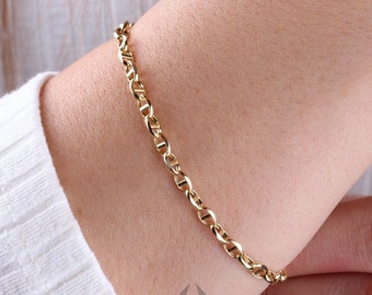 14K Solid Gold Mariner Link Chain Bracelet, 14K Gold Chain Bracelet, Puffed Chain, Yellow Gold Puff Mariner Anklet, Designer, Dainty Gift