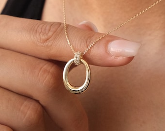 14K Gold Open Oval Necklace, Tear Drop Pendant Necklace, Open Circle Necklace,  Forever Love Necklace, Open Coin Statement Medallion Charm