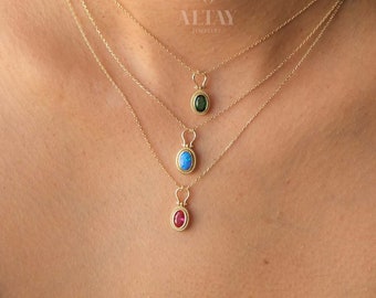 14K Gold Birthstone Necklace, Oval Shape Opal Pendant, Dainty Custom Gold Necklace, Layering Gemstone Necklace, Emerald Stone Moms Gift
