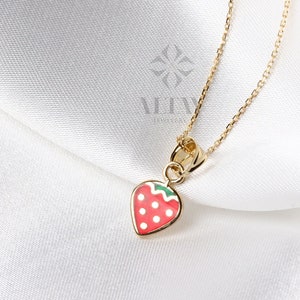 14k Gold Strawberry Necklace, Gold Fruit Necklace Pendant, Gold Cherry Charm, Tiny 14k Dainty Choker, Holiday Gift For Kids, Gift for Her