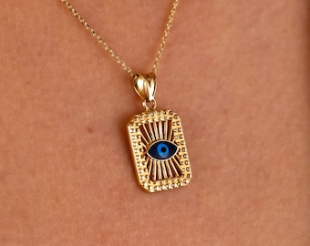 14K Evil Eye Necklace, Rectangle Evil Eye Pendant, Square Block Hamsa Pendant, Evil Eye Medallion, Gold Necklace for Women, Luck Necklace