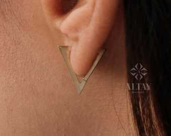 14K Gold Triangle Hoop Earrings, Geometric Huggie Earrings, Open Triangle Earrings Modern Hoop Earring, Minimalist Jewelry, Christmas
