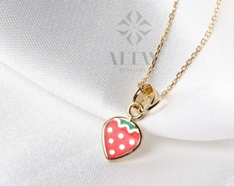 14k Gold Strawberry Necklace, Gold Fruit Necklace Pendant, Gold Cherry Charm, Tiny 14k Dainty Choker, Holiday Gift For Kids, Gift for Her