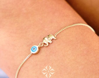 14K Gold Elephant Bracelet, Dainty Gold Chain Bracelet, Minimalist Animal Charm Bracelet, Evil Eye Elephant Bracelet for Women
