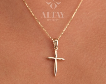 14K Gold Cross Necklace, Crucifix Pendant Chain, Jesus Christ Religious Jewelry, Christening, Dainty Cross Charm, Christian Pendant Gift