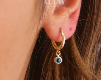 14K Gold Evil Eye Dangle Earrings, Dainty Eye Earrings, Huggie Hoop Earrings, Protection Jewelry, Protection Symbol, Evil Eye Charm