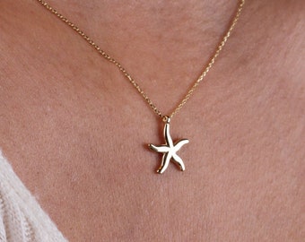 14K Gold Star Necklace, Pole Star Necklace, Starfish Necklace, Charm Starbust Pendant, Dainty Crescent Necklace,  Celestial Charm Necklace