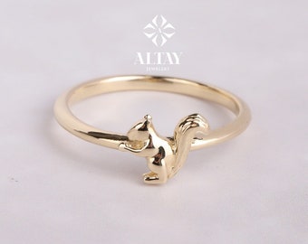 14K Gold Squirrel Ring, Dainty Animal Ring in Solid 14K Gold, Minimal Nature Inspired Jewelry for Women, Unique Handmade Gold Ring