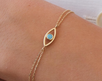 14K Gold Evil Eye Bracelet with Turquoise, Dainty Evil Eye Bracelet, Minimal Gold Chain Bracelet, Protection Bracelet, Everyday Gold Jewelry