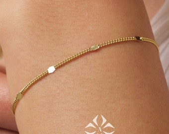 14K Gold Cuban Station Bracelet, 2mm Cuban Coin Chain Bracelet, Sparkle Thin Lace Charms, Delicate Mirror Curb Glitter Anklet, Gift For Her
