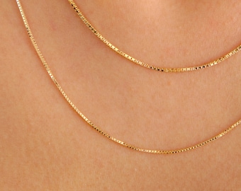 14K Solid Gold Box Chain Necklace, 0.75mm 1mm Minimal Gold Chain, Dainty Layering Necklace, Real Gold Jewelry, Gift For Her Wife Mom