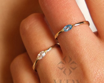 14K Solid Gold Marquise Ring, Basic Minimalist Gold Ring, Blue White Stone Engagement Ring, Simple Wedding Ring, Gold Stacking Ring Women
