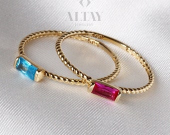14K Solid Gold Baguette Ring, London Blue Topaz Ring, Ruby Stacking Ring, Aquamarine Dainty Wedding Ring, Tiny Stackable Ring, Gift For Her