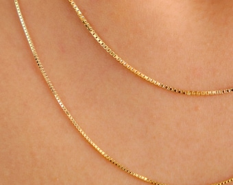 14K Gold Box Chain Necklace, 0.75mm 1mm Box Chain Necklace, Shiny Box Chain Choker, Dainty Layered Necklace, Simple Chain Necklace