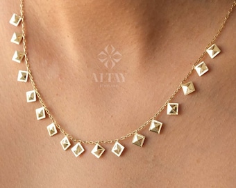 14K Gold Dangling Square Disc Necklace, Tiny Plate Necklace, Dangling Kite Station Necklace, Multi Dot Charm Choker Necklace, Christmas Gift