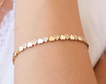14K Gold Heart Bracelet, 3mm Minimal Dainty Gold Bracelet, Heart Charm Jewelry Gift for Her