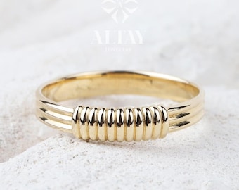 14K Gold Ribbed Ring, Croissant Braided 4mm Puff Dome Ring, Lined Statement Ring, Band Line Ring, Minimalist, Fine Jewelry Gift For Wife
