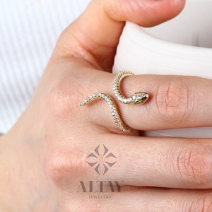 14K Gold Snake Ring, Snake Band, Cz Diamond Open Serpent Jewelry, Dainty Stacking Animal Rings, Snake Style Ring, Statement Band Wrap Ring