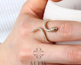 14K Gold Snake Ring, Snake Band, Cz Diamond Open Serpent Jewelry, Dainty Stacking Animal Rings, Snake Style Ring, Statement Band Wrap Ring