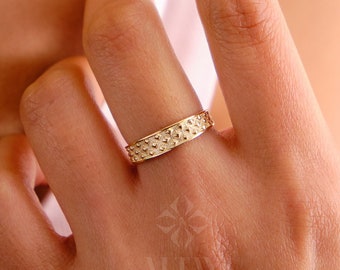 14K Gold Diamond Pattern Ring, Pave Gold Band, Chunky Wedding Band, Eternity Ring, Pave Wedding Ring, Wedding Band, Gift For Her
