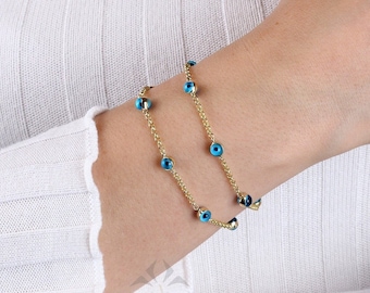 14K Gold Evil Eye Bracelet, Tiny Evil Eye Ring, Evil Eye Bead Bracelet, Rolo Gold Chain, Good Luck Nazar Bracelet, Third Eye Spiritual