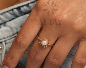 14K Gold Opal Ring, October Birthstone Ring, White Opal Stone, Round Cut Opal Ring, Mothers Day Gift, Gemstone Band, Engagement Band