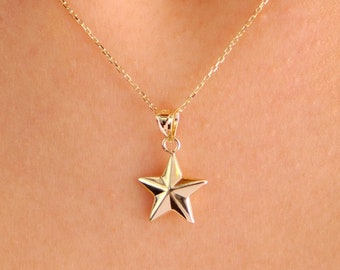 14K Gold Star Necklace, Small Star Pendant, 3D Star Charm Necklace, Stars Dainty Charm, Simple Tiny Necklace, Boho Jewelry, Gift for Her