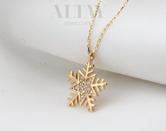 14K Gold Snow Flake Necklace, CZ Diamond Snow Flake Charm, Delicate Dainty Necklace, Minimalist Fine Jewelry, Christmas Gift For Her