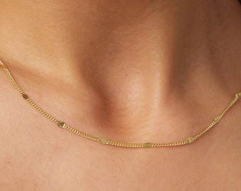 14K Gold Cuban Station Necklace, 2mm Cuban Coin Chain Choker, Sparkle Thin Lace Charms, Delicate Mirror Curb Glitter Necklace, Gift For Her